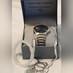 Geoffrey Beene Blue Sapphire Chronograph Bracelet Watch 42mm Silver Bundled